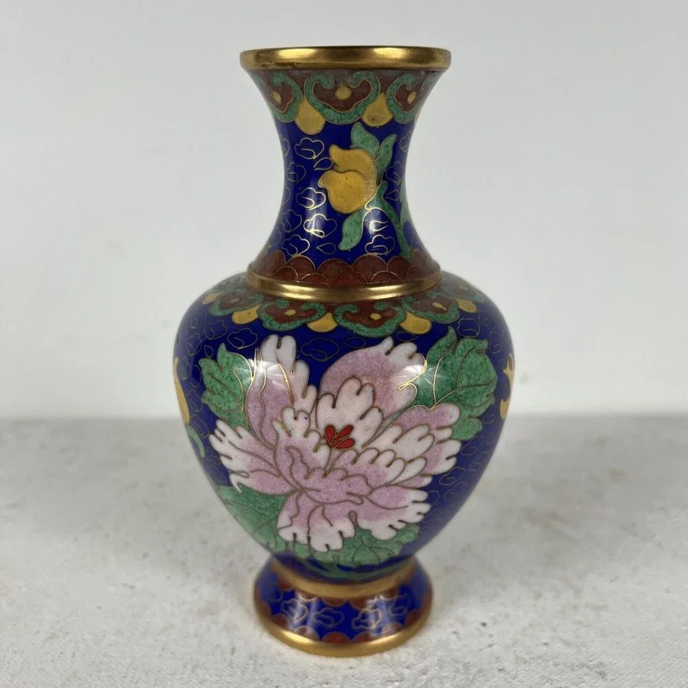 Vintage Deep Blue and Pink Cloisonne Vase Asian Style Peony Flower‎ Gold Accents